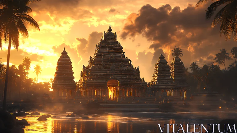 Golden temple complex glows against dramatic tropical sunset.