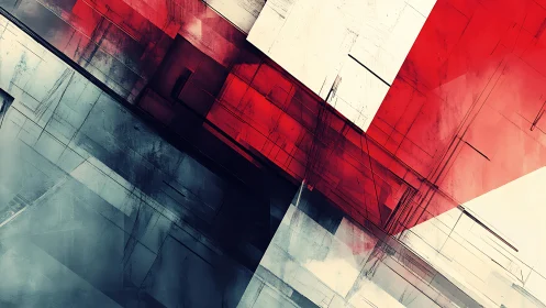 Geometric abstract art with bold red accents and modern style.