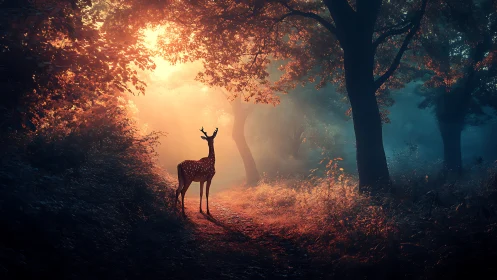Gentle deer pauses on a glowing forest path at sunrise.