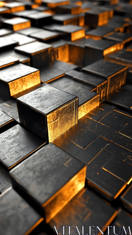 Molten light sneaks between iron cubes in a rising gridscape