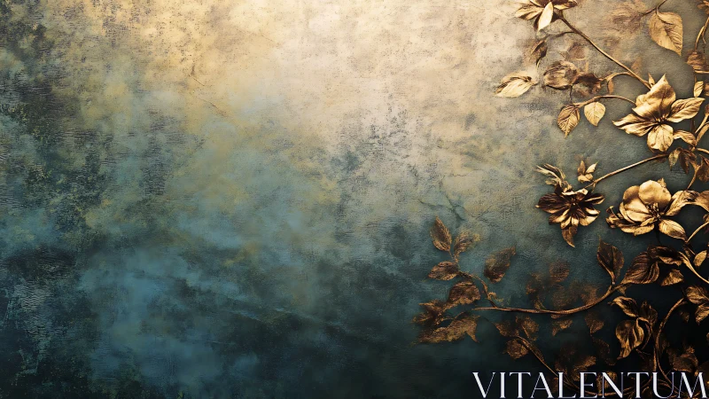 Textured teal wall with embossed golden floral relief pattern.