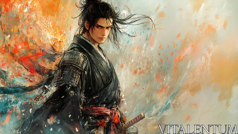 Samurai warrior portrait amid dynamic abstract color field