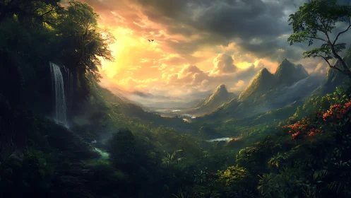 Lush fantasy valley with waterfall at glowing sunset sky.