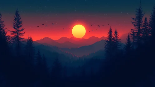 Sunset hush over misty mountain pines and glowing sky.