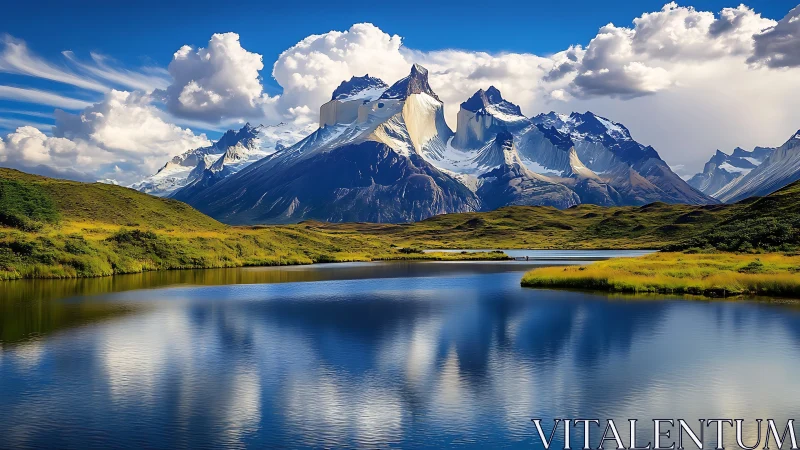Patagonian spires mirror over crystal alpine lake panorama.
