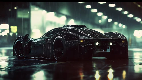 Low-angle view of futuristic black sports car in rain.