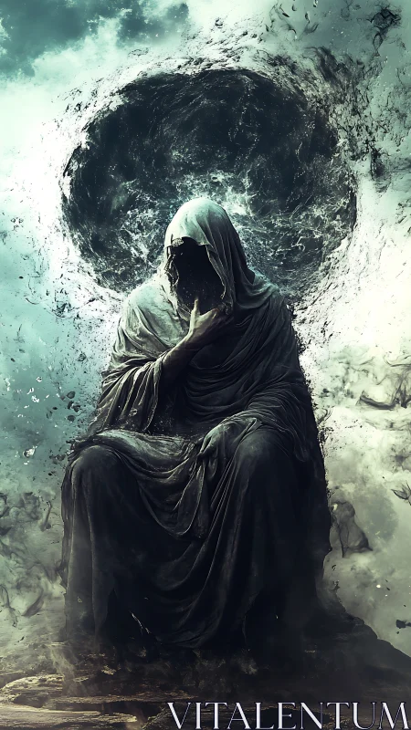 Shrouded void deity before turbulent cosmic vortex monument.