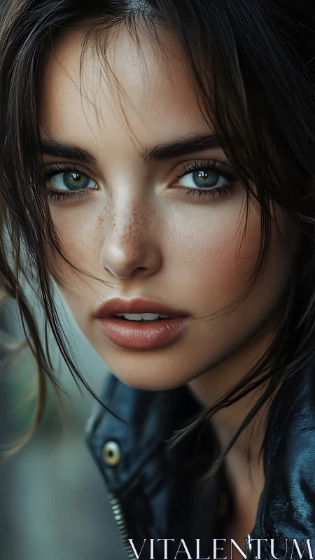 Expressive close-up portrait captures intense, freckled gaze