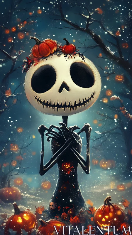 Elongated skeleton scarecrow stands amid glowing jack o lantern field