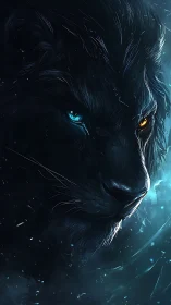 Close-up dark panther portrait with glowing dual eyes.