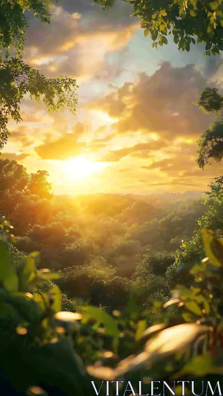 Golden sunrise glowing gently above lush green forest.
