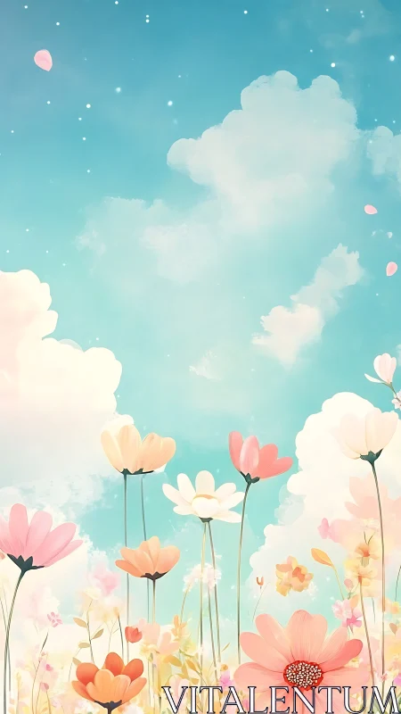 Spring Meadow Under Turquoise Sky with Floating Petals.