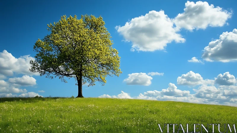 Solitary Tree on Lush Meadow Under Bright Blue Sky, Realistic Landscape.