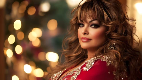 Woman in Red Dress with Warm Bokeh Lighting and Elegant Styling