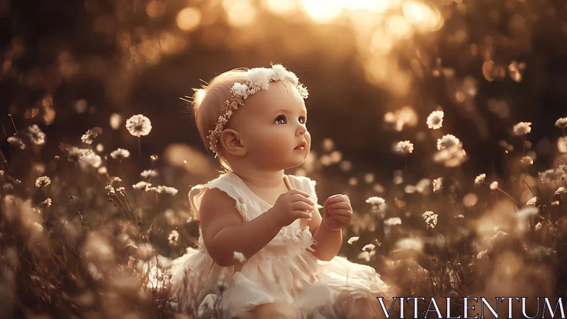 Ethereal Wonder: Cherub Discovers Dandelion Dreams in Golden Light