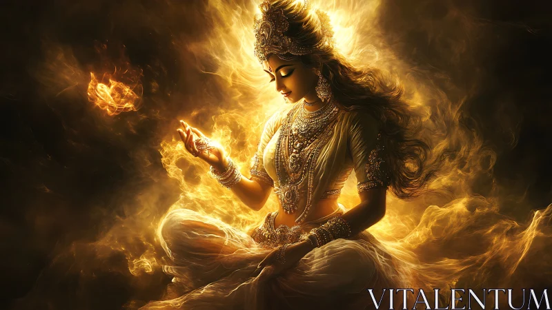 Fiery goddess-like figure meditating in glowing golden light.