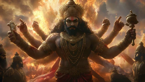 Multi-armed warrior deity rises amid blazing cosmic firestorm.
