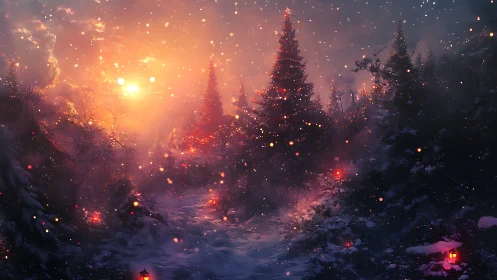 Digital landscape depicting forest clearing with celestial illumination and atmospheric particulates