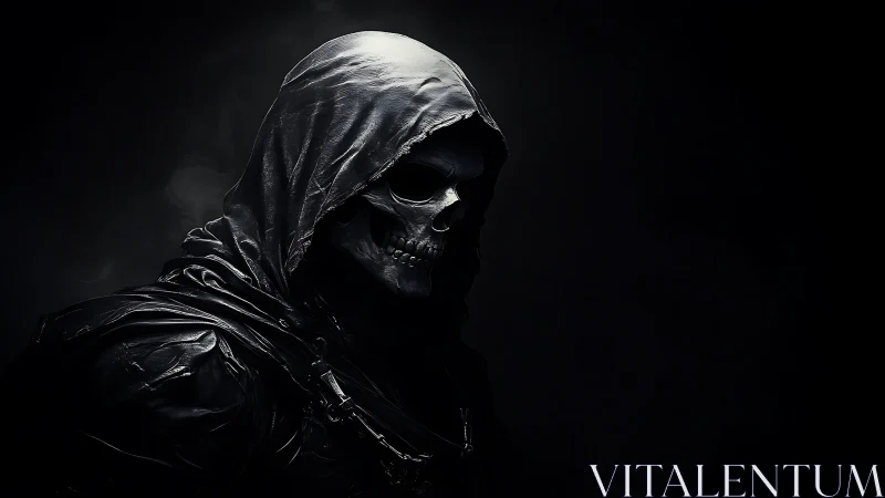 Hooded skeletal reaper rendered in high-contrast chiaroscuro.