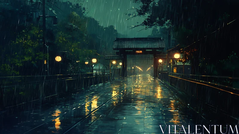 Gentle lantern glow along a rainy midnight temple path.