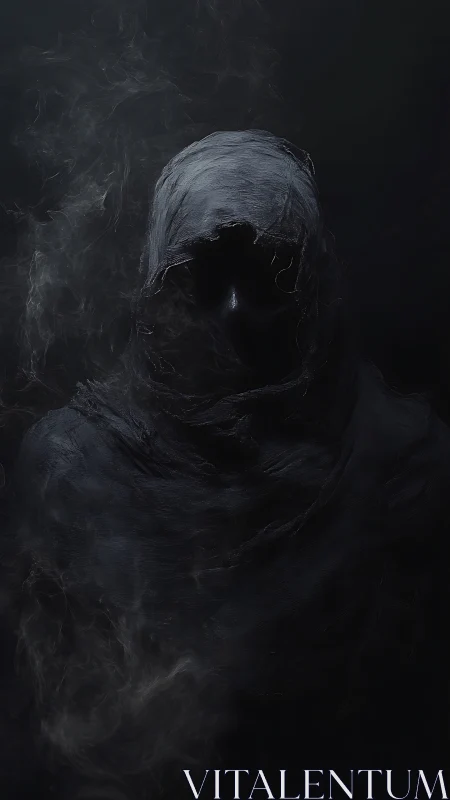 Hooded shadowed figure emerges from swirling dark smoke.