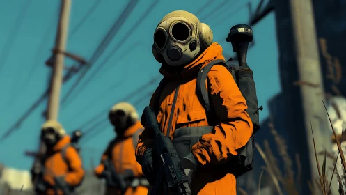 Orange-suited survivors stand watch in a tense urban wasteland