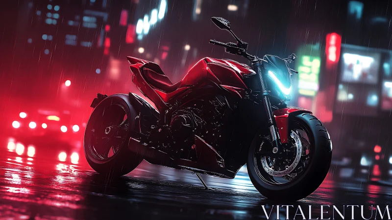 Cyberpunk streetfighter motorcycle in neon rain composition.