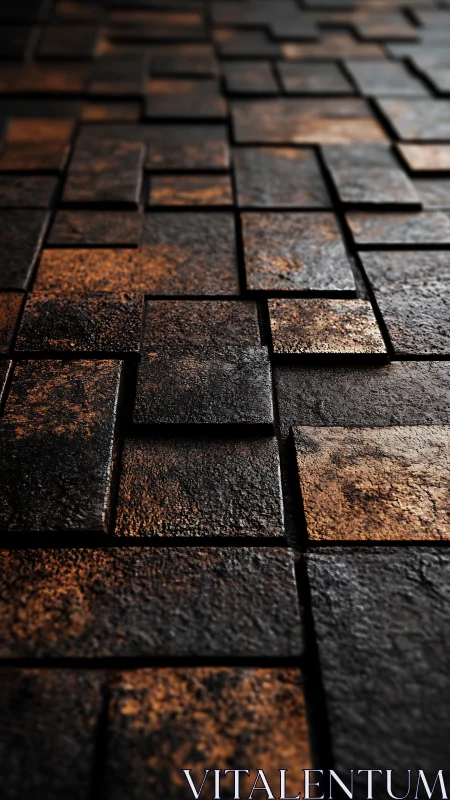 Layered rusted metal tiles form a receding geometric plane