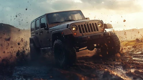 Off-road Jeep powers through muddy terrain at golden hour