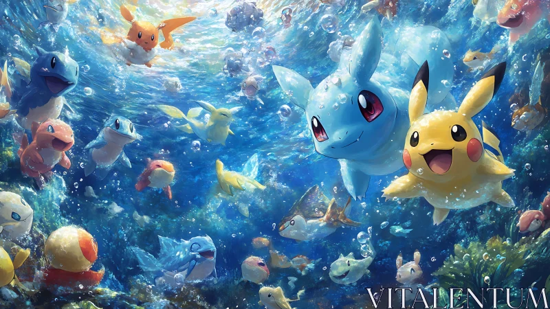 Dynamic underwater Pokemon swarm in luminous digital painting.