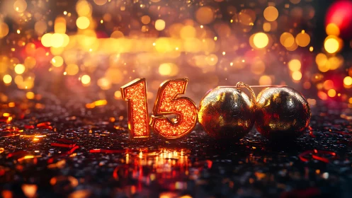 Sparkling fifteenth milestone bathed in festive gold glow.