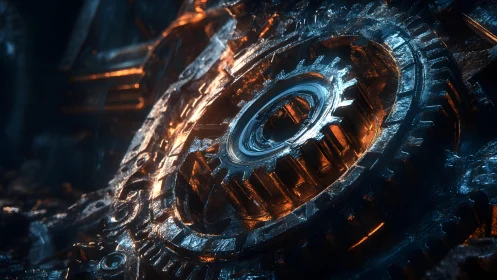 Detailed close-up of metallic gears with glowing orange highlights.