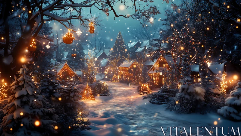 Snow-covered village street remains illuminated by winter lights