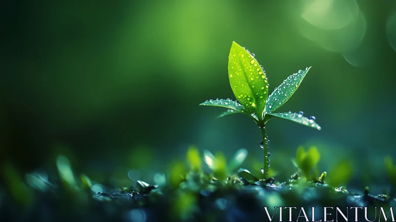 Green seedling with water droplets on leaves in soft light.