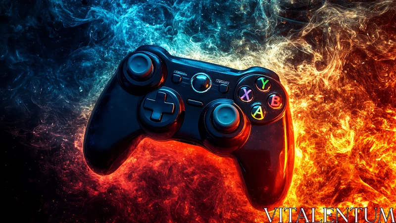Gaming controller suspended in dual-tone fire and ice field.