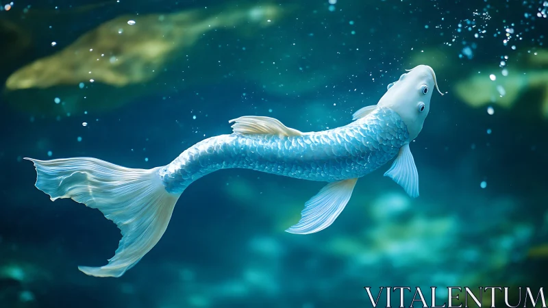 Graceful white koi gliding through a dreamy blue pond.