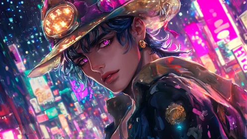 Neon lit portrait of miner styled figure in urban nightscape.