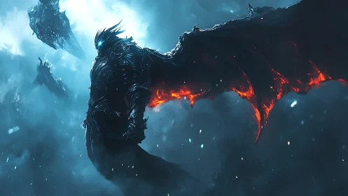 Armored winged figure stands in glowing blue storm clouds