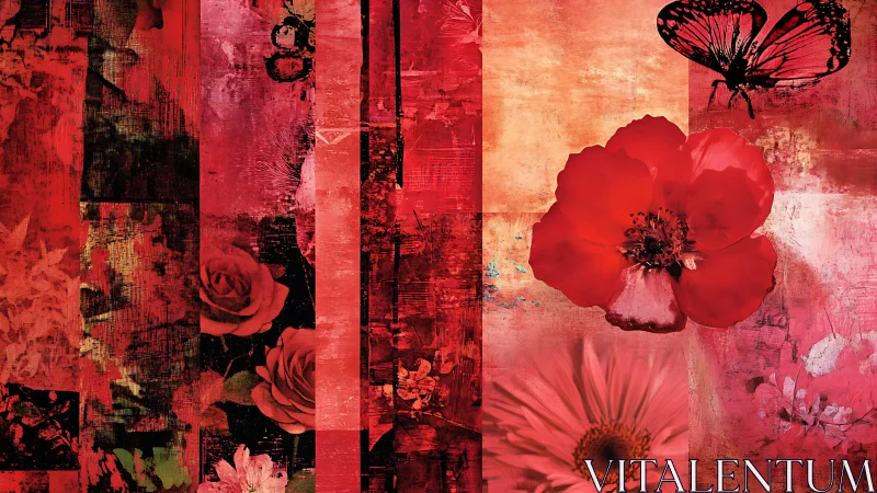 Composite Red Floral and Butterfly Abstract Collage