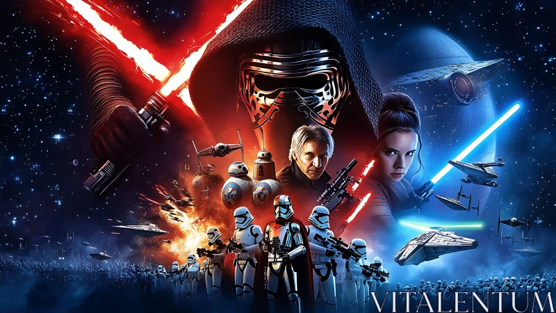 Symmetrical sci fi battle montage with dual color light sources and fleets