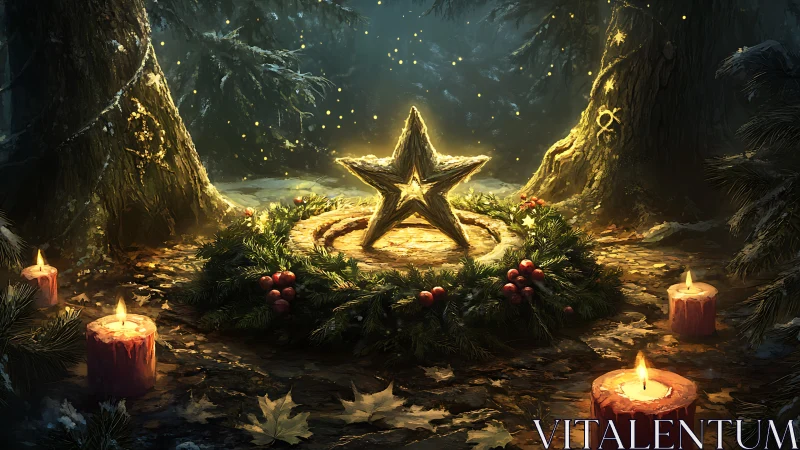 Winter forest altar with glowing star and wreath circle.