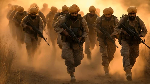 Armed soldiers in turbans advance through dusty terrain.