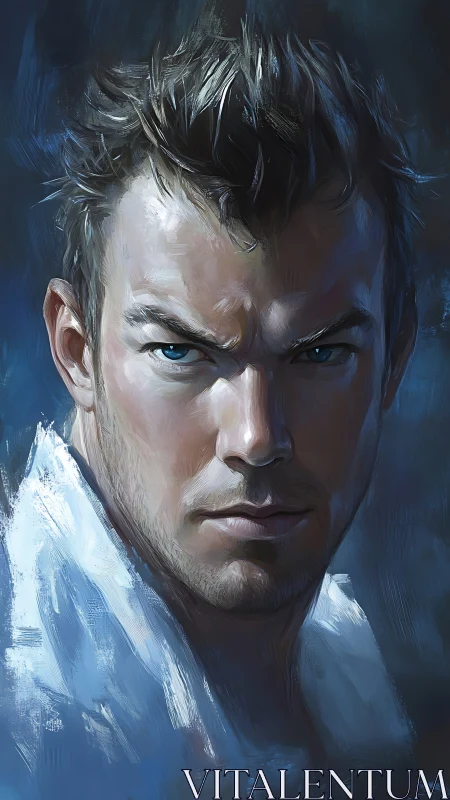 Intense blue-eyed man stares forward in moody digital portrait