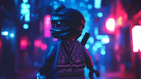 Neon-lit toy ninja minifigure in cyberpunk alleyway scene.
