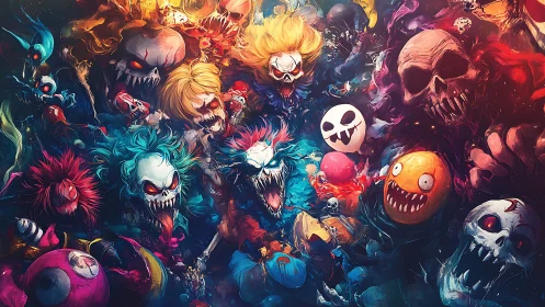 Carnival of ravenous nightmare clowns in neon-chaos bloom.