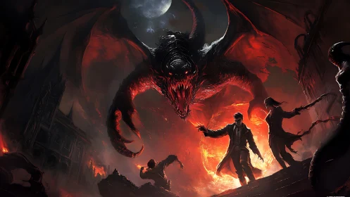 Demonic dragon descends over burning city confrontation.