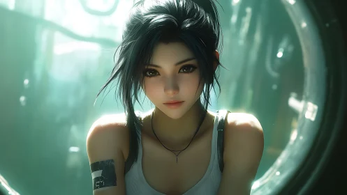 Female character sits before circular window in soft focus