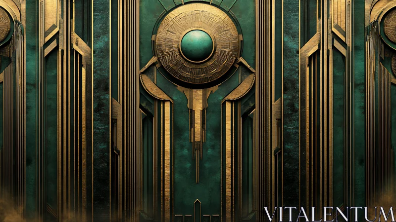 Gleaming art deco gate glows with rich teal and gold lines