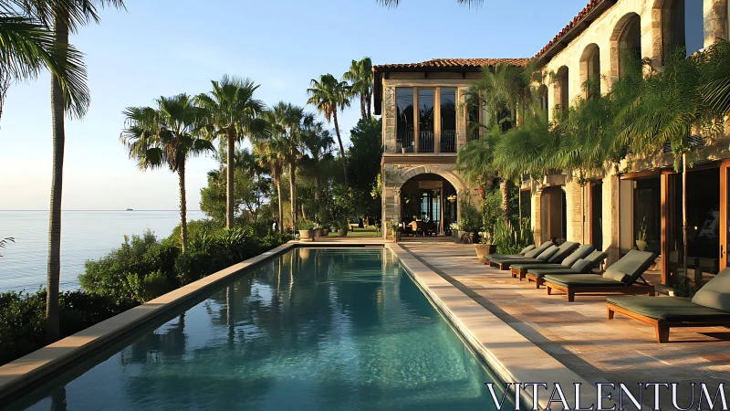 Luxury coastal villa embraces infinity pool at sunset.