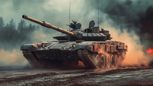 Modern battle tank charges through smoke and fire.
